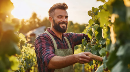 Happy man working in vineyard during sunset. Concept of agriculture, wine production, and outdoor lifestyle.の素材