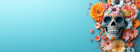 Colorful Mexican Day of the Dead skull with flowers. Concept of Mexican culture, tradition, and celebration.の素材