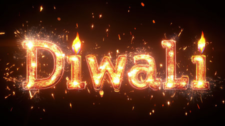 Diwali text with sparklers and flames. Concept of celebration, festival, Indian, culture, light.の素材