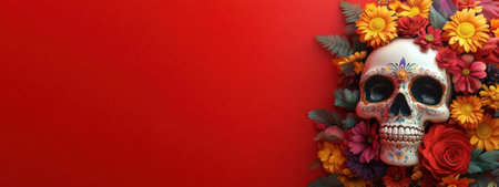 Colorful skull surrounded by vibrant flowers on a red background, Celebration of life and death.の素材