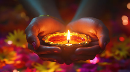Diwali Celebration,  Hands Holding Traditional Diya Oil Lampの素材