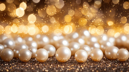 Shimmering golden pearls on dark background, concept of luxury and elegance.の素材