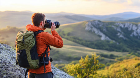 Photographer capturing scenic landscape outdoors during a hikeの素材