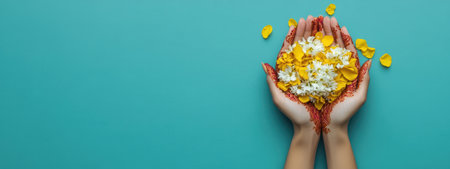 Hands with henna holding yellow and white flower petals, celebrating culture and beauty.の素材