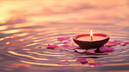 Floating candle and flowers in tranquil water at sunsetの素材