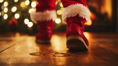 Christmas Magic,  Santa's Boots Walking on Wooden Floorの素材