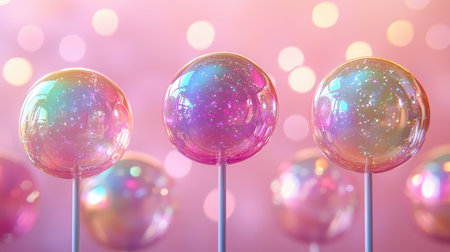 Colorful lollipops on pink background, concept of sweet treat, candy, and dessert.の素材
