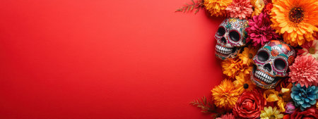 Vibrant Day of the Dead altar with flowers and skullsの素材