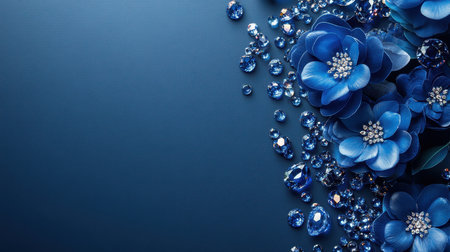 Elegant blue floral composition with pearls on dark surface. Concept of luxury, beauty, and sophisticationの素材
