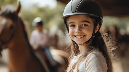 Portrait of a happy young girl wearing a riding helmet at a horse stable. Equestrian, horseback riding, active lifestyle concept.の素材
