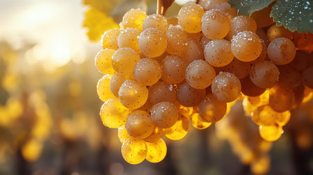 Ripe white grapes on the vine at sunrise. Golden hour in a vineyard.の素材