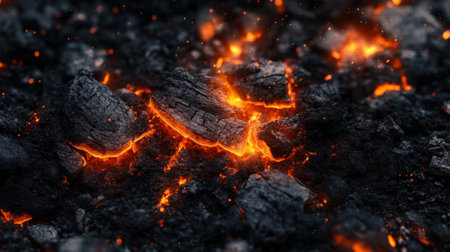 Burning charcoal with glowing embers. Abstract background.の素材