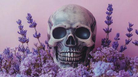 Skull with Lavender Flowers on Pink Background,  Still Life with a touch of Dark Romanceの素材