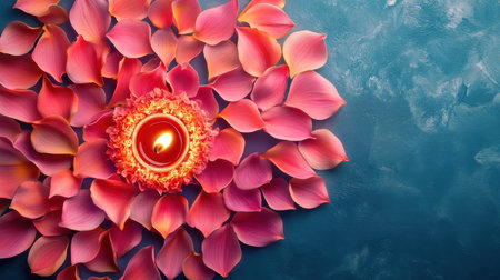 Burning candle surrounded by pink petals on blue background. Spa, wellness or meditation concept.の素材