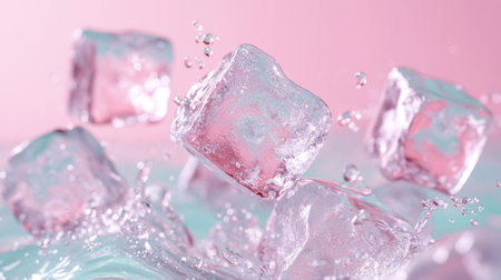Ice Cubes Splashing into Pink Waterの素材