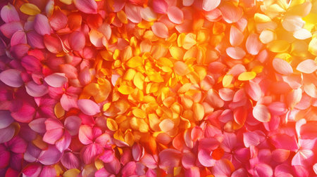 Colorful flower petals background with warm light. Romance, beauty, and nature concept.の素材