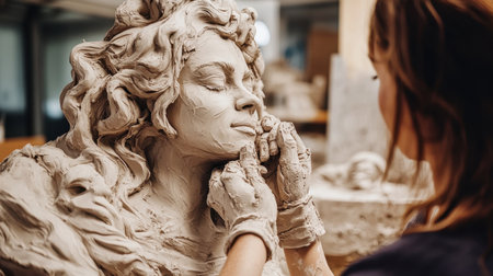 Sculptor molding a clay bust in her workshop. Concept of art, craft, creativity, and artistry.の素材