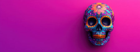 Sugar Skull on vibrant magenta background with copy space. Day of the Dead concept.の素材