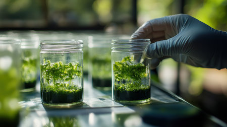 Plant Tissue Culture in Laboratory. Scientist examining plant specimen in vitro culture. Concept of plant biotechnology, biological research, genetic engineering, plant growth, and agriculture.の素材