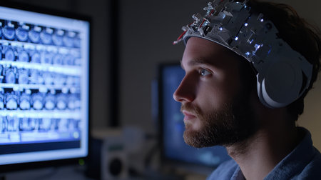 Focused Scientist Analyzing Brain Scans with EEG Headset in a Laboratoryの素材