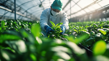 Agricultural worker inspecting plants in a greenhouse. Concept of sustainable agriculture, organic farming, local produce, greenhouse cultivationの素材