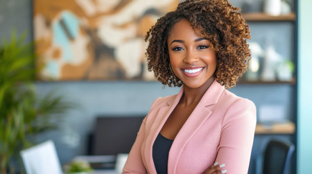 Confident Black Businesswoman Smiling in Modern Officeの素材