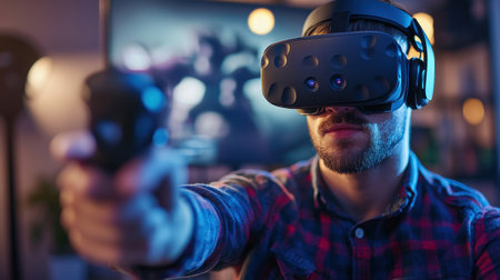 Man Immersed in Virtual Reality Gaming Experienceの素材