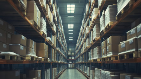 Large Industrial Warehouse Interior with High Racks of Cardboard Boxesの素材