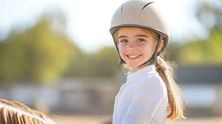 Young Girl in Helmet Smiling on Horsebackの素材