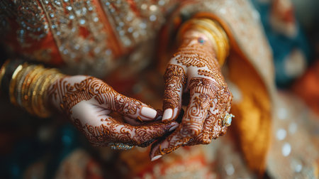 Bride's Hands with Henna Tattoo and Gold Jewelry, Traditional Wedding Ceremonyの素材