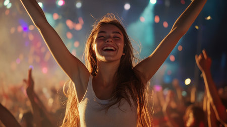 Excited Young Woman with Arms Raised at Music Festival Concert. Celebration, Joy, Entertainmentの素材