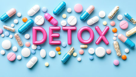 Detox word and colorful pills and capsules on blue background. Concept of detoxification, healthcare, and medicineの素材