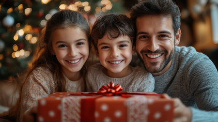 Happy family celebrating Christmas with gifts, smiling children and father in cozy living room with decorated treeの素材
