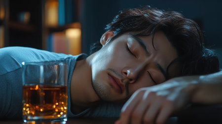 Young Man Passed Out Drunk with a Glass of Whiskey. Alcoholism, Addiction, and Unhealthy Lifestyle Conceptの素材
