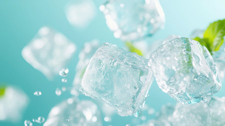 Ice Cubes and Mint Leaves on Turquoise Background, Refreshing Summer Conceptの素材