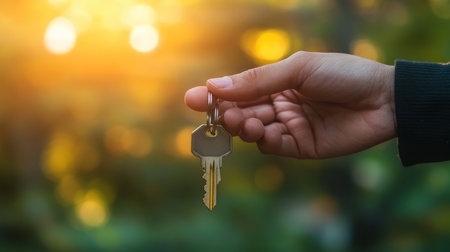 Hand holding house keys with bokeh sunset background. Concept of new home, real estate, property purchase, investment, and mortgage.の素材