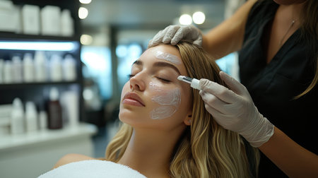 Facial treatment. Close up of cosmetician in gloves applying a cream mask on a young woman face in a beauty salon. Rejuvenation, wellness, and professional skincare concept.の素材