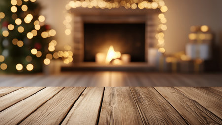 Warm Christmas Fireplace Background with Empty Wooden Tableの素材