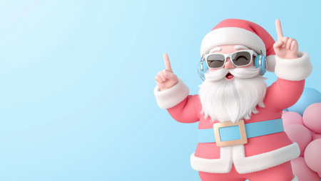Cool Santa Claus with Sunglasses and Headphones Listening to Music on Blue Background. Christmas Party Conceptの素材