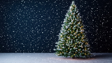 Beautiful Christmas tree decorated with lights in a snowy winter sceneの素材