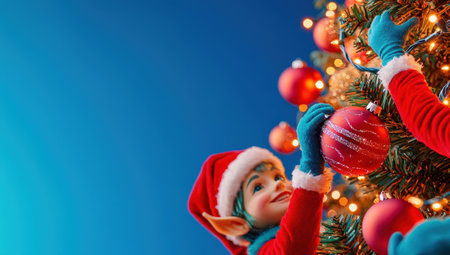 Christmas elf decorating a Christmas tree with ornaments. Festive holiday spirit and Christmas cheer.の素材