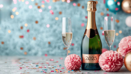 Celebrating New Year 2025, Champagne bottle, flutes, and festive decorations.の素材