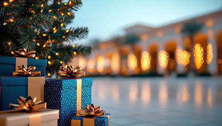 Festive Christmas scene with decorated tree and gift boxes in a beautifully lit outdoor settingの素材