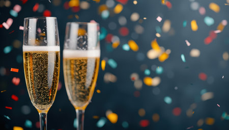 Two champagne glasses with falling confetti. New Year's Eve celebration concept.の素材
