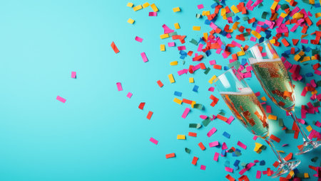 Two champagne glasses with confetti on a vibrant blue backgroundの素材