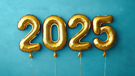 Gold balloons making up the year 2025 on a blue backgroundの素材