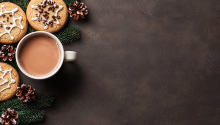 Hot chocolate and Christmas cookies on dark backgroundの素材