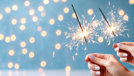 Woman's hands holding burning sparklers on festive blue background with bokeh. Celebration, party, festive holidays concept.の素材