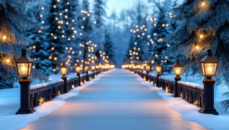 Snowy path lit by streetlights and surrounded by snow covered trees decorated with Christmas lightsの素材
