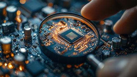 Close up of a hand examining a microchip on a circuit board with a magnifying glass. Concept of technology, electronics, and innovation.の素材
